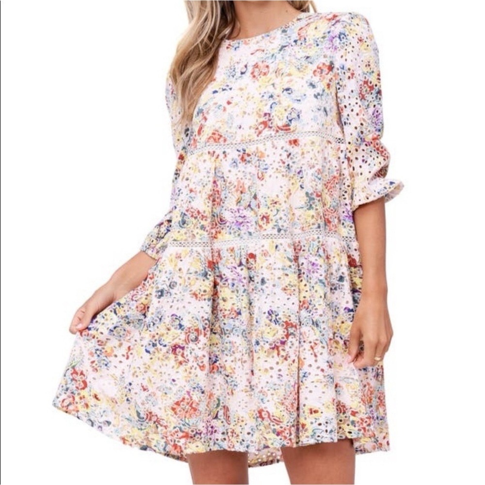 En Saison‎ Floral Eyelet Babydoll Dress Tiered Lined Sz S